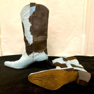 Cowhide cowboy boots blue+brown calf hair (like Jeffrey Campbell Dagget cow boot